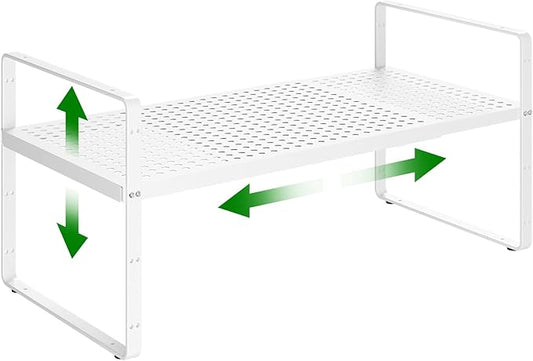 Expandable Kitchen Cabinet Shelf Organizer Rack Heavy Duty Metal Spice Rack Stackable Counter Storage Shelf for Kitchen Cabinet Pantry Bathroom (White - 16.5"-27" L x 10.2" W x 9.6" H - 1Pack)