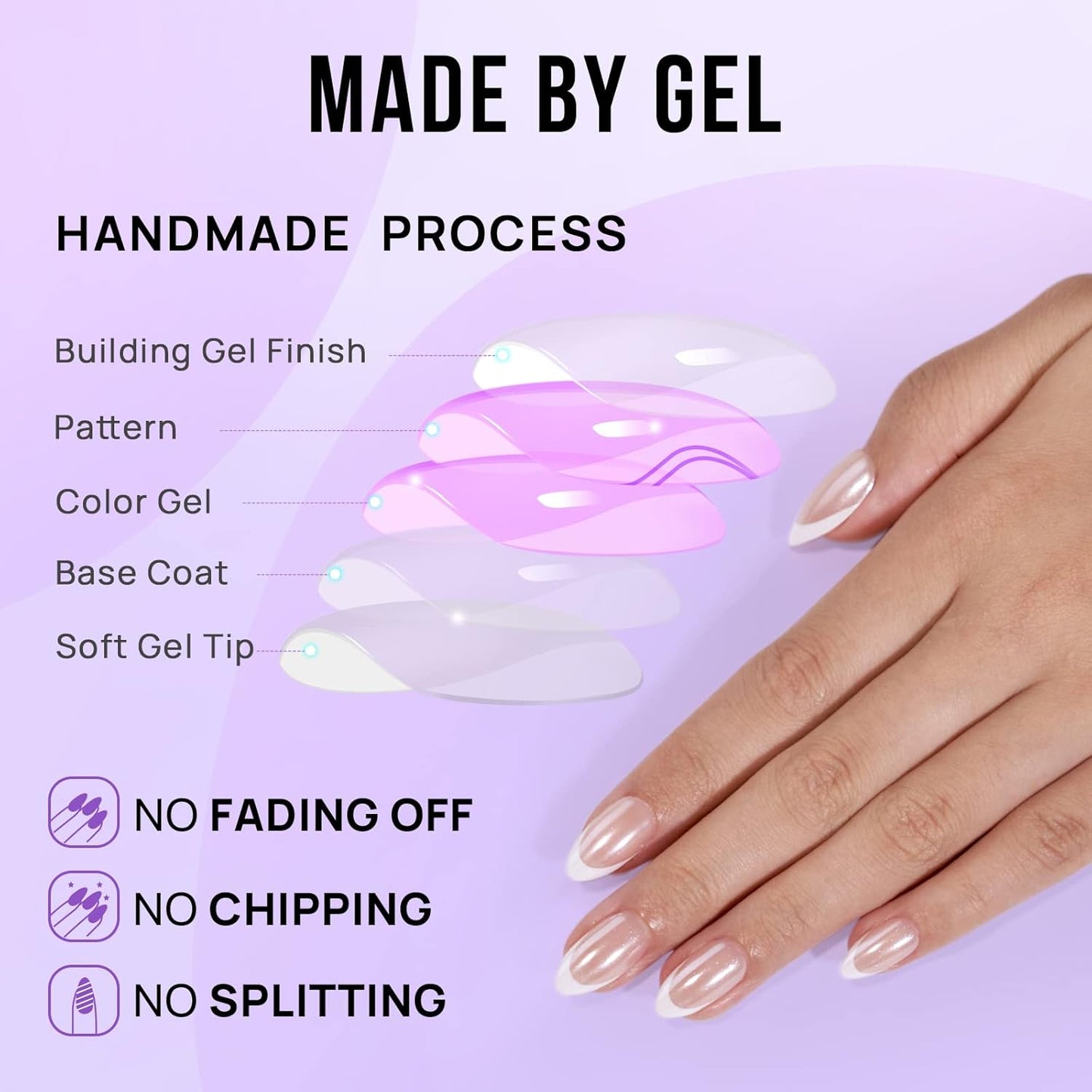 French Tip Press On Nails - BTArtbox White Almond Medium Reusable Stick On Nails in 15 Sizes - 30 Soft Gel Fake Nail Kit for Women Gift, Classic