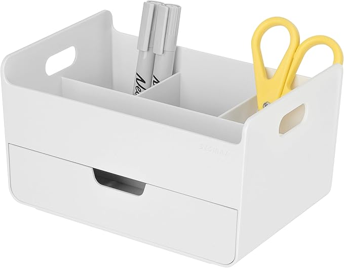 BLUE GINKGO Portable Desk Organizer â Compact 3 Compartment, Half-drawer Storage â Pen Holder, Stationery Desktop Organizer for Office, Makeup, Crafts (Made in Korea, White)