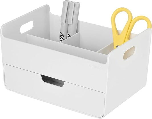 BLUE GINKGO Portable Desk Organizer â Compact 3 Compartment, Half-drawer Storage â Pen Holder, Stationery Desktop Organizer for Office, Makeup, Crafts (Made in Korea, White)