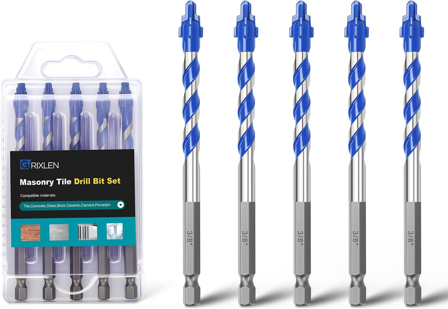 5 Pack 3/8" x 4" Masonry Tile Drill Bits Hex Shank Step Masonry Drill Bits for Tile,Concrete,Porcelain, Brick, Glass, Cement, 4" Length