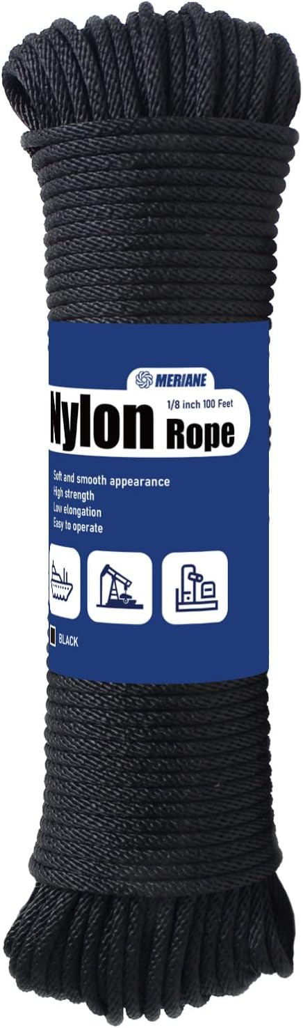 MERIANE Black Nylon Rope 1/8inch 100FT â Multipurpose Solid Braided Rope â Ideal Use for Camping, Clothesline, Marine, Flag Line â Abrasion & UV Resistant â Shock Absorption Rope for Indoor Outdoor