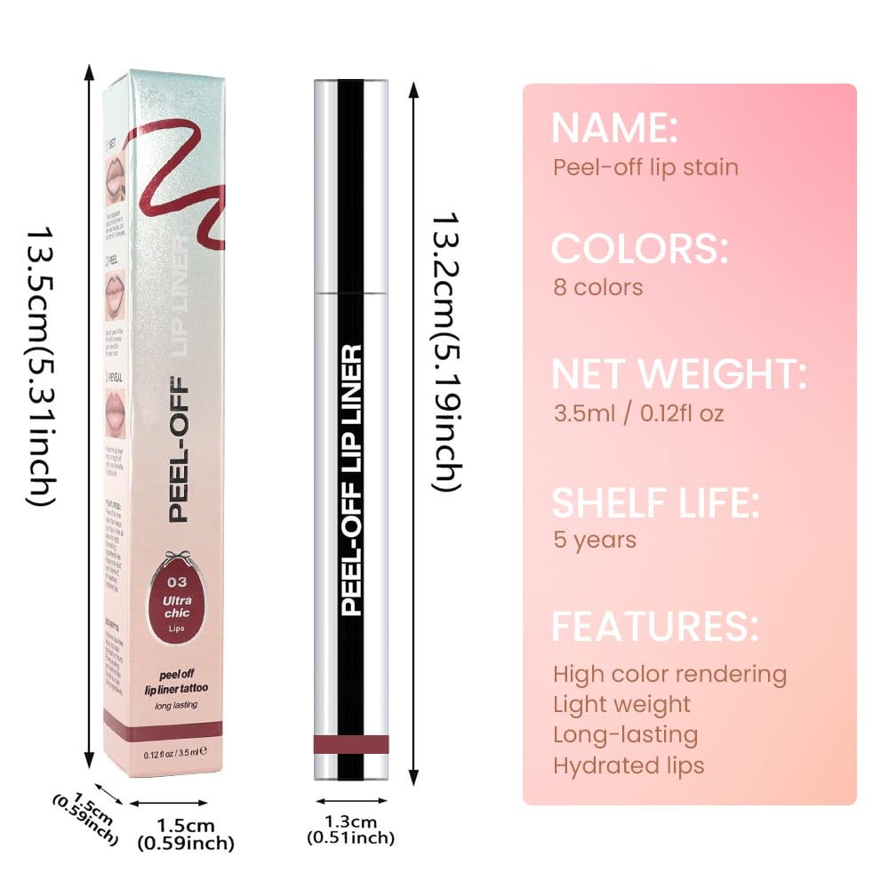 Matte Liquid Lip Stain Peel Off Lip liner Tattoo, Brownish Red Matte Peel Off Lip Stain, Long Lasting Waterproof Lipstick Lip Gloss Stain, Transfer-proof for All Skin Types, 0.12 fl oz 03#