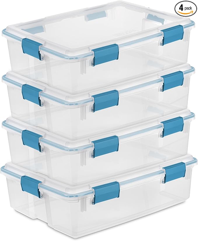 Sterilite 4-Pack Gasket Box, Home Storage Organizer Bins with Lids, 37 Quart â Stackable Clear Plastic Containers for Bedroom, Bathroom, Garage, Basement, or Attic