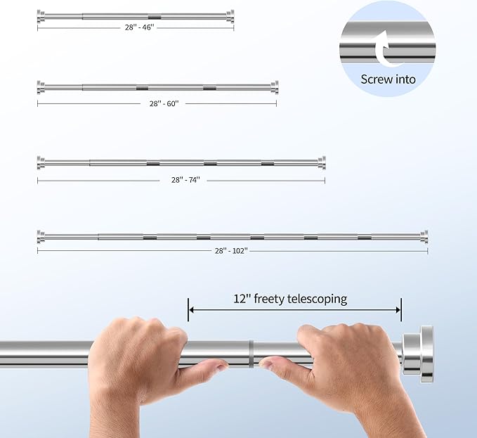 Mcrbeay Shower Curtain Rod, 1" Diameter Heavy Duty Tension Shower Rod, Non Slip Adjustable 28-74 inch No Drilling Shower Curtain Rods Spring Tension For Bathroom, Shower Stall, No Rust, Silver