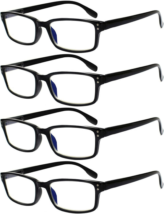 Kerecsen 4 Pack Reading Glasses for Men and Women with Spring Hinges, Lightweight Black Rectangular Readers Eyeglasses (4 Pack Black, 0.75)