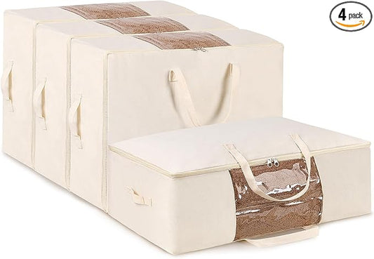 YGEOMER 4 Pack Canvas Comforter Storage Bags with Zipper Foldable Closet Organizers Storage Containers with Reinforced Handle for Dorm Organizing, Bedroom, Closet, Blanket, Clothing