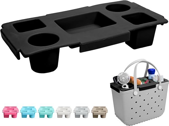 Tote Topper Tray Accessories for Bogg Bag Large - Waterproof EVA Table Top Organizer Lid with Cup Holder, Snack, Phone & Drink Holders for Beach, Pool, Picnic, Travel (Black)