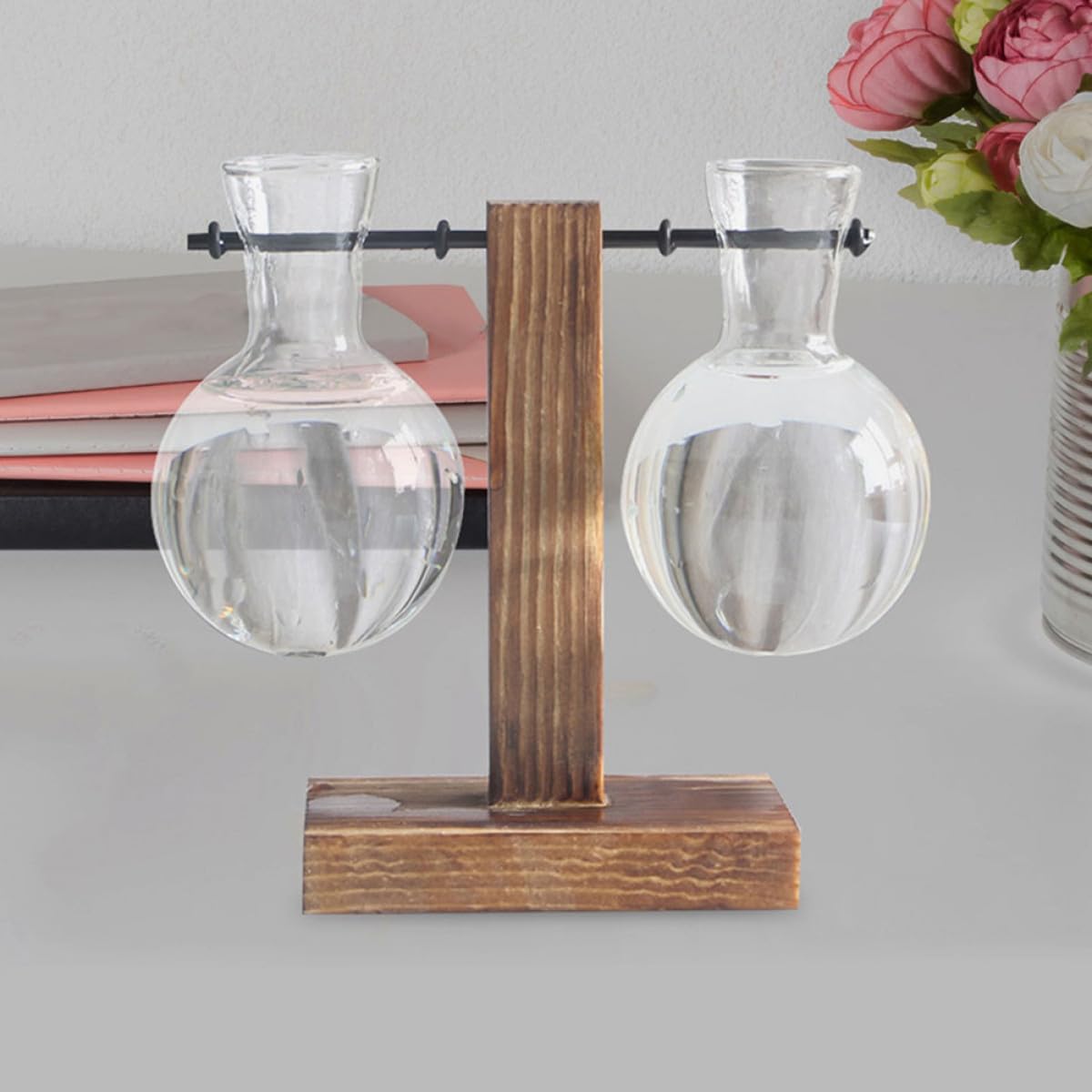 JEWEDECO Glass Flower Vase with Wooden Stand 3pcs High Borosilicate Glass Propagation Station Desktop Planter for Hydroponic Plants and Terrarium Home Décor