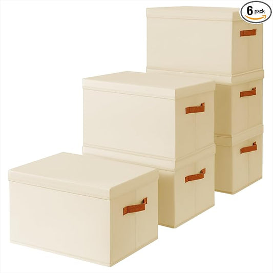 Storage Bins with Lids - Large Fabric Closet Bins with Lid, 6 Pack Clothes Organizers and Storage, Collapsible Stackable Cube Basket for Home, Office, Dorm, Beige