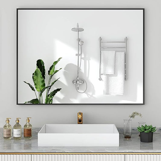 Rectangle Bathroom Mirror 30x40 inch, Large Mirror with Black Frame, Rectangular Vanity Mirror 30" X 40", Modern Matte Wall Mounting Mirrors, Hang Horizontal or Vertical