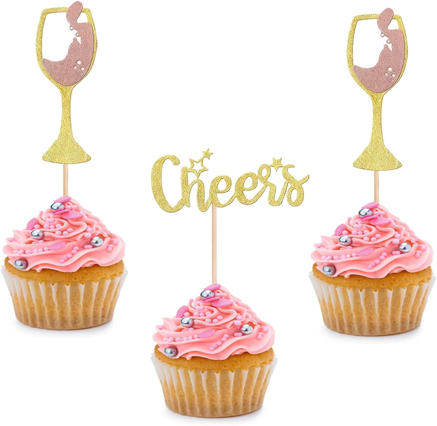 24 PCS Gold Glitter Cheers Wine Glass Cupcake Toppers for Birthday Party Engagement Bridal Wedding Baby Shower Anniversary Party Cake Dessert Decorations Supplies Picks