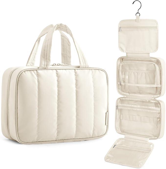 BAGSMART Travel Toiletry Bag for women, Portable Hanging Hook Makeup Bag Organizer, Waterproof Makeup Cosmetic Bag, for Full-Size Accessories, Toiletries, Beige