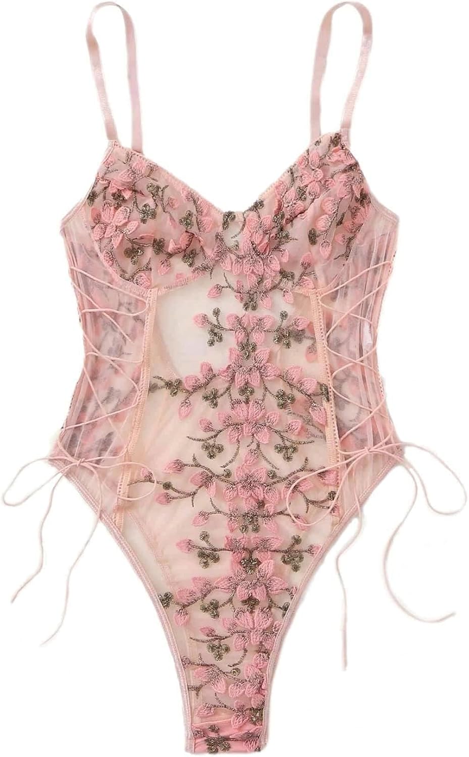 Lilosy Plus Size Women Sexy Lace Up Floral Embroidered Teddy Babydoll Lingerie Bodysuit Top Mesh Sheer One Piece See Through Pink XX-Large