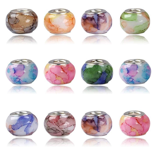 AIPRIDY 100Pcs 15x11mm Painting Murano Large Hole Glass Beads Mix Color with Silver Brass Cores European Charm fit Bracelet Necklace (Watercolor Effect OPEC White Glass)