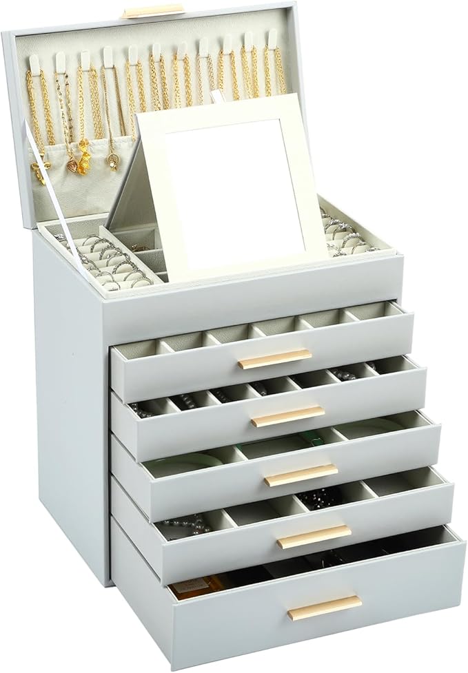 BOOVO Jewelry Box with Necklace Hanger â 6 layer Jewelry Organizer for Women with 5 Drawers, Large Jewelry Storage Boxes âJewelry Organizers and Storage for Earrings, Necklaces (Grey, 6 layer)