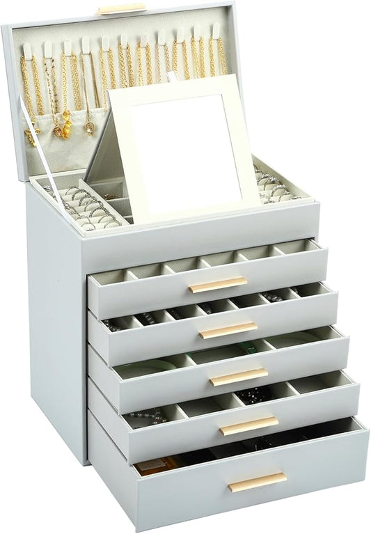 BOOVO Jewelry Box with Necklace Hanger â 6 layer Jewelry Organizer for Women with 5 Drawers, Large Jewelry Storage Boxes âJewelry Organizers and Storage for Earrings, Necklaces (Grey, 6 layer)