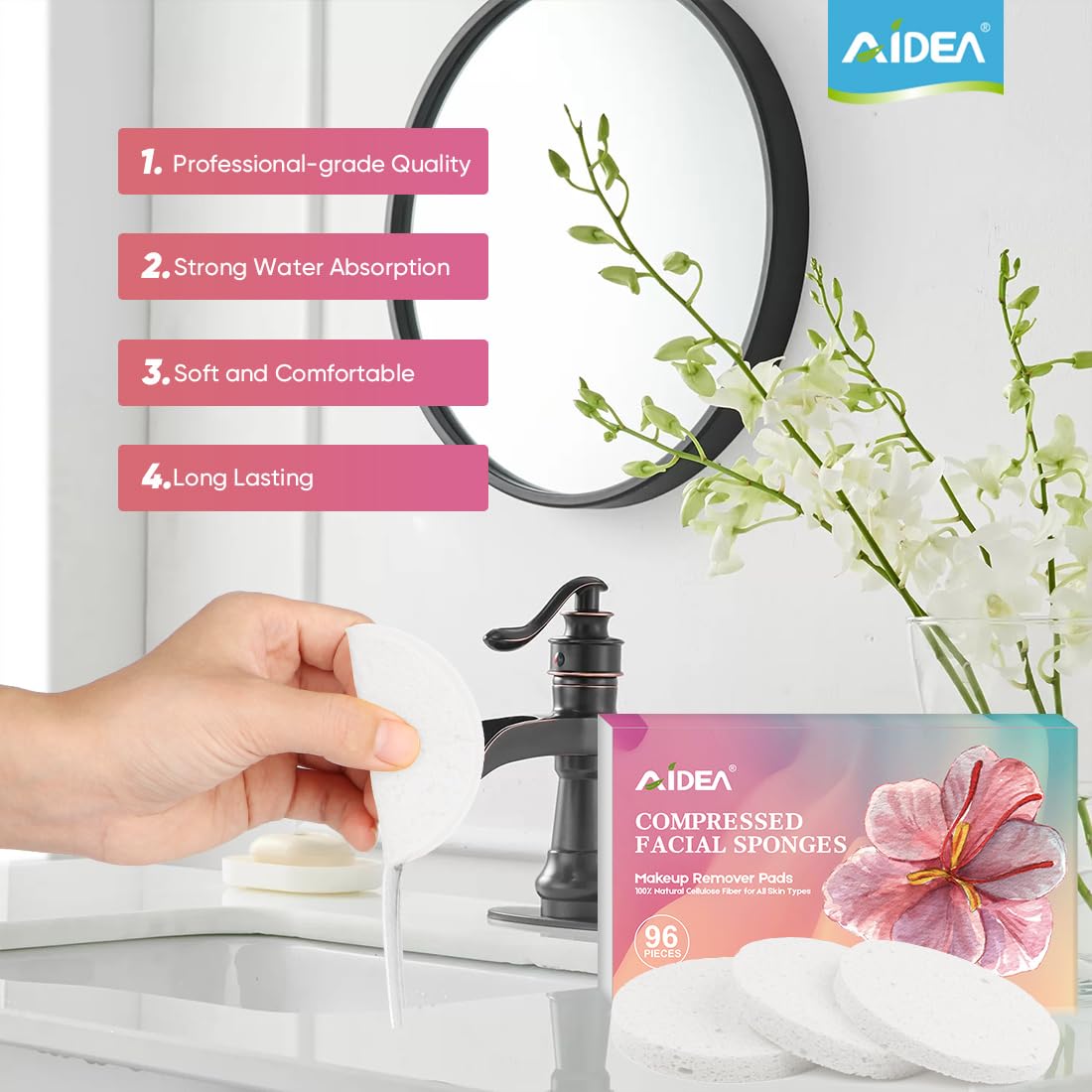 AIDEA Compressed Facial Sponges 96Count White, Round, Face Sponges for Cleansing, Travel Essentials, Natural Cellulose Cosmetic Makeup Sponge for Facial Cleansing, Exfoliating, Makeup Removal