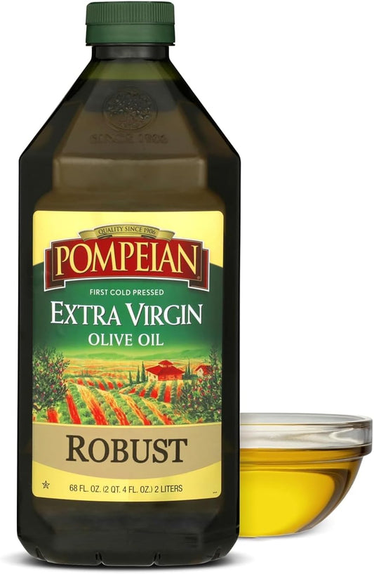 Pompeian Robust Extra Virgin Olive Oil - 68 Fl Oz - First Cold Pressed Olive Oil for Cooking - Full-Bodied Taste for Dressings and Marinades