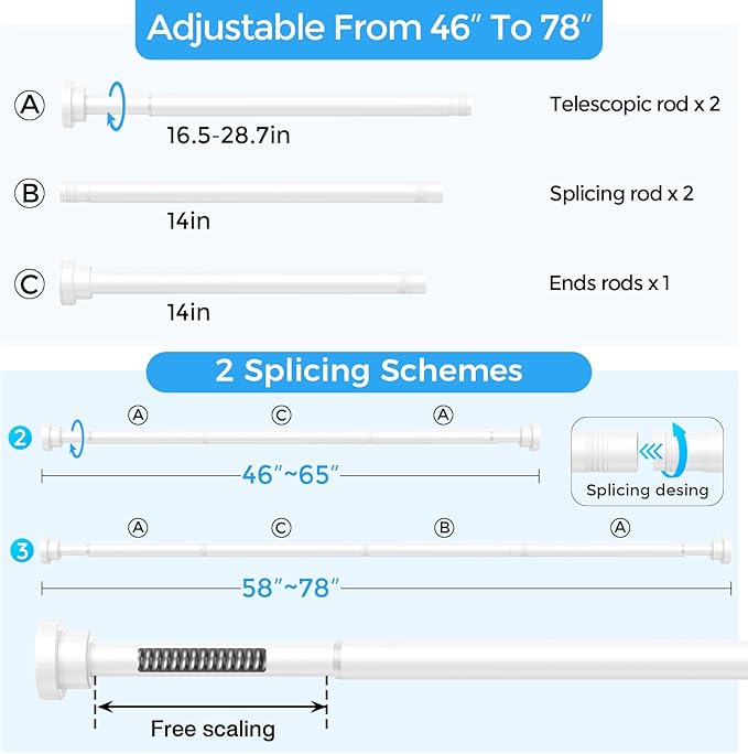 Shower Curtain Rod 31-76 Inch,0.87"Diameter Adjustable Spring Tension Curtain Rods No Drill,Ivory White Shower Tension Rod for Bathroom,Room Divider,Window,Anti-Rust Non-Slip 2-Pack