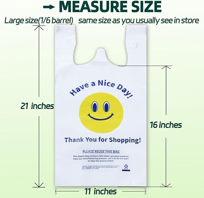 0.8Mil(20 Microns), 1000 Count, Plastic Bags with Handles, T-Shirt bags, Thank You bags, Shopping Bag, Grocery Bag, |for Store, Carry, Pack|, White, 1/6 Barrel, Large 11"x6"x21", Heavy Duty