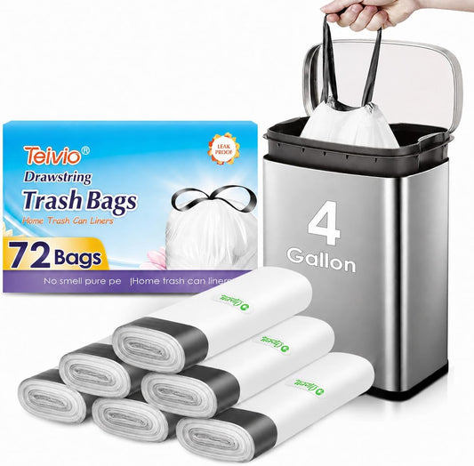 4 Gallon 72 Counts Strong Drawstring Trash Bags Garbage Bags by Teivio, Bathroom Trash Can Bin Liners, Small Plastic Bags for home office kitchen, White