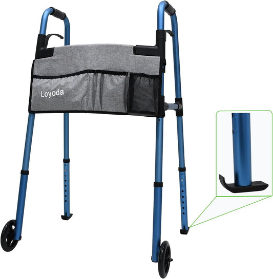 Loyoda Folding Walkers for Seniors, Medical Walker 5'' Front Wheel Lightweight Walker with Storage Bag and Skis Glides Height Adjustable Aluminum Compact Standard Walker （Blue）