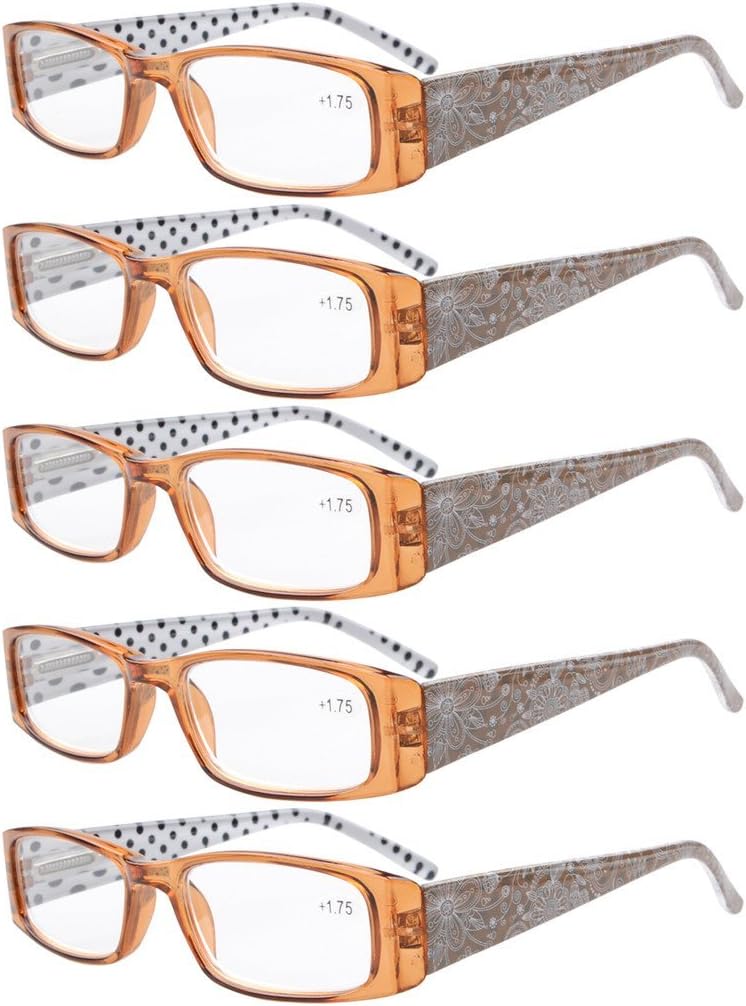 Eyekepper 5-Pack Spring Hinges Polka Dots Patterned Temples Rectangular Reading Glasses Readers Brown +2.5