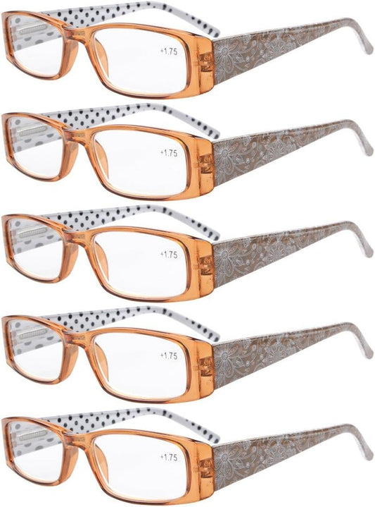 Eyekepper 5-Pack Spring Hinges Polka Dots Patterned Temples Rectangular Reading Glasses Readers Brown +2.5