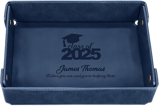 Engraved PU Leather Valet Tray â Personalized Catchall with Custom Name for Desk, Dresser, or Nightstand â Compact Organizer for Keys, Wallet, Jewelry â Graduation Gift for Him or Her â Blue