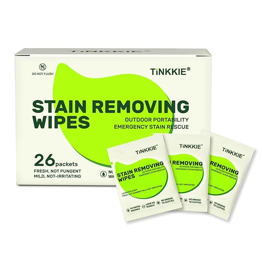 26 Pack Stain Remover Wipes for Clothes & Fabric â Instant Clothing Stain Remover for Shoes, Shirts & Jackets, Individually Wrapped Portable Wipes for Travel & On-the-Go Cleaning