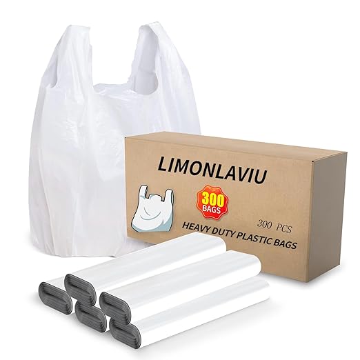 LimonLaviu Plastic Bags - 300 Pack (11.5'x 6.5" x 21') with Handles for Small Business, Restaurants, Grocery & Trash