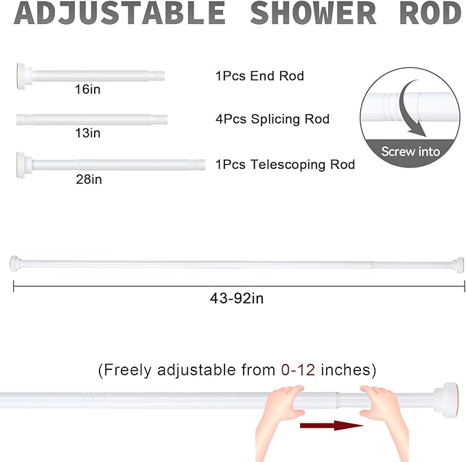 Thestoa Shower Curtain Rod Adjustable 43-92 inch, 1"Diameter Spring Tension Curtain Rod No Drill, Anti-Rust Non-Slip Shower Rod, White Shower Curtain Rod for Bathroom Tension