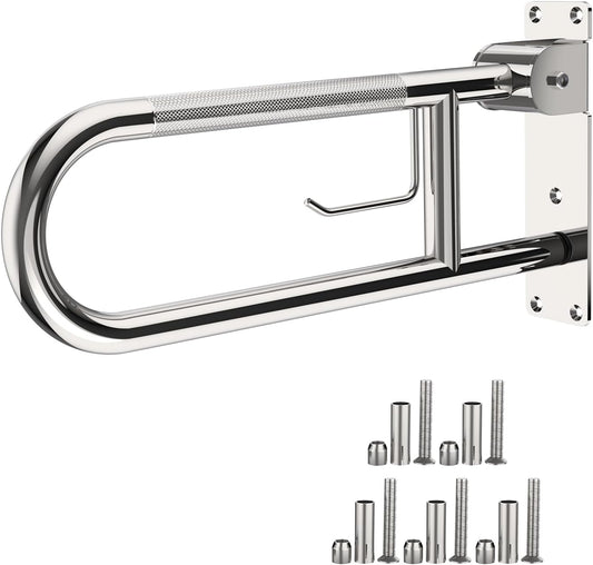 Toilet Grab Bar 22.4 Inch Chrome, Munzong Anti-Slip Handicap Grab Bars with Paper Holder, Flip-Up Bathroom Safety Rails, Stainless Steel Knurled Support handrails for Seniors Elderly Disabled Pregnant