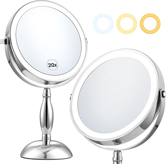 Makeup Mirror with Lights, 20X Magnifying Mirror with Light and Side Charging & Side Touch Switch, Vanity Mirror with 3 Color Light and 2-Side 360Â° Rotation Double Sided Standing Desk Mirror