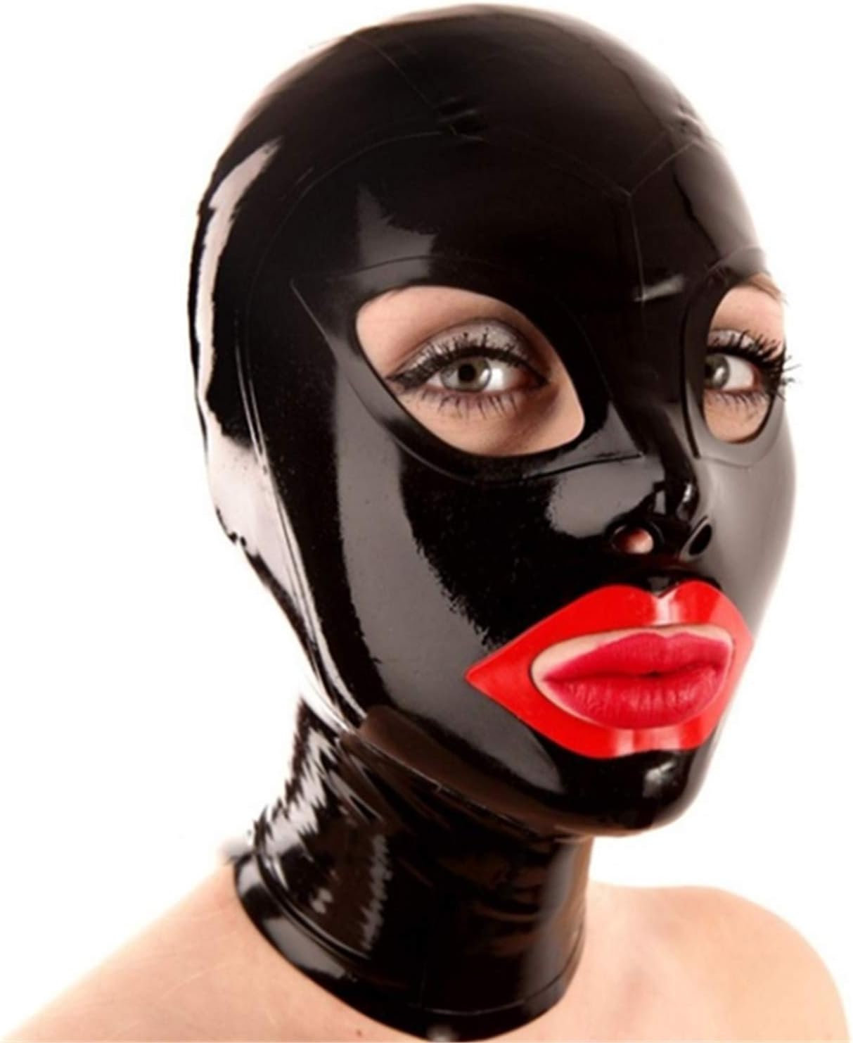 Black Latex Hood with Red Mouth Back Zipper Open Eyes Mouth Rubber Mask Club Party Wear