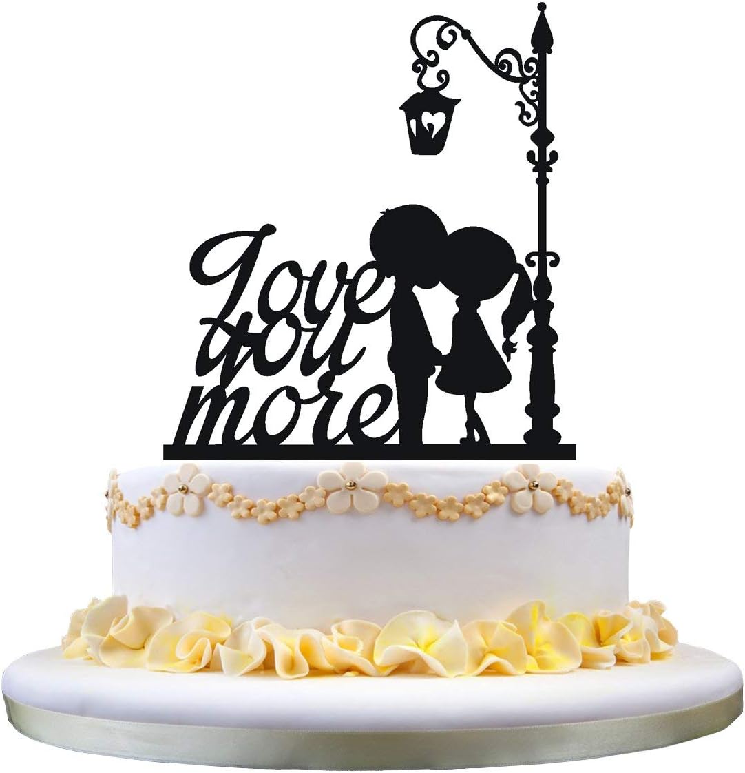 Monogram cake topper- love you more cake topper, silhouette of boy and girl kissing under the lamp for wedding party