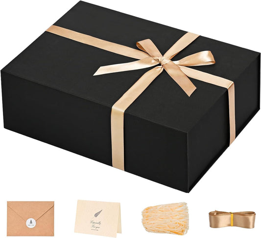LIFELUM Gift Box 13.5''x10''x4'' Large Gifts Box with Magnetic Lids Black Gift Boxes for Father's Day graduation gifts Contains Card, Ribbon, Filler