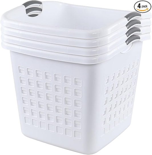 4 Packs Large White Laundry Basket, Plastic Clothes Hamper with Handles