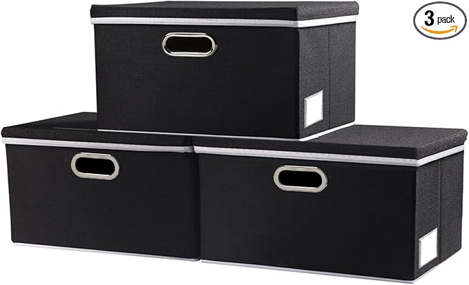 PRANDOM Storage Boxes with Lids [3-Pack] Fabric Collapsible Storage Bins Organizer Containers Baskets Cube with Cover for Home Bedroom Closet Office Nursery Blackï¼11.4X8.6X6.7