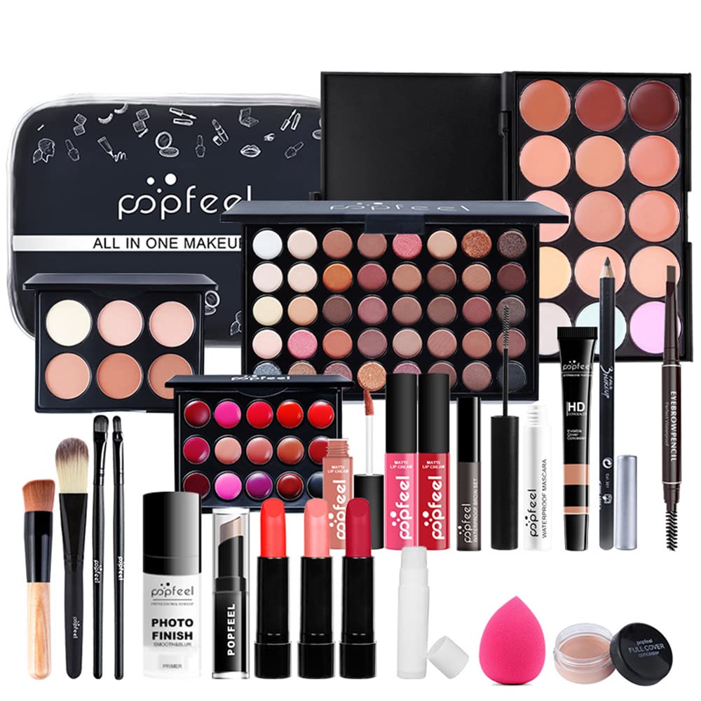 All In One Makeup Kit for Women Full Gift Surprise Makeup Set Includes Makeup Brush Set Eyeshadow Palette, Lip Gloss Set, Liquid Lipstick, Makeup Sponge, Foundation, Concealer, Eyebrow Pencil, Blush