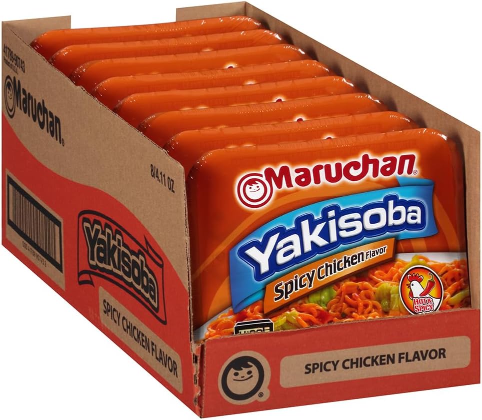 Maruchan Yakisoba, Spicy Chicken Flavor – Stir-Fried Japanese Instant Ramen Noodles, High Protein Microwavable Meal – 4.11 Oz. (8 Pack)