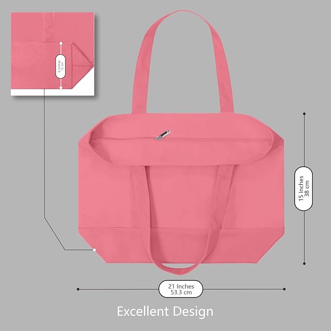 TOPDesign 6-Pack Canvas Tote Bags with an External Pocket, Reusable Grocery Shopping Bags, Top Zipper Closure, Daily Essentials (Rose Pink)