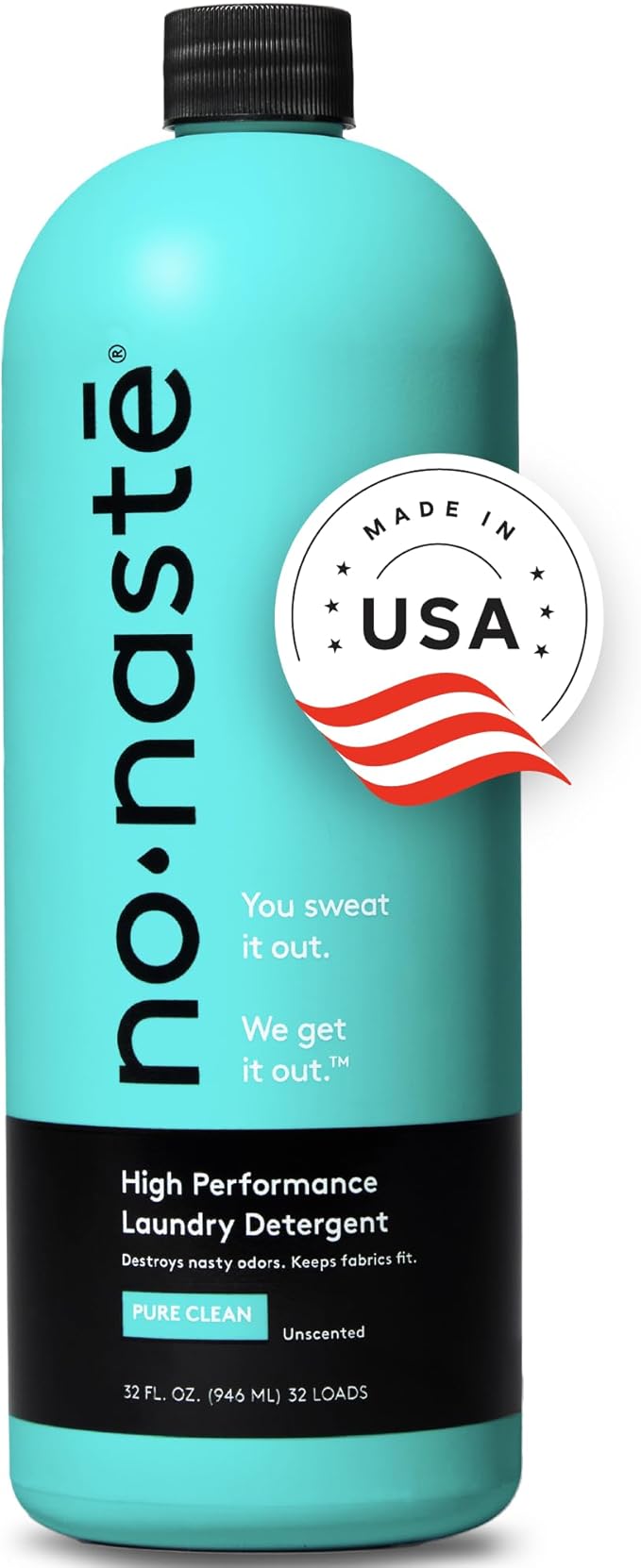 Nonaste Pure Clean Activewear Laundry Detergent (32 Fl Oz, Pack of 1) â High Performance Detergent, Eliminates Trapped Sweat & Odors | Laundry Safe for Fabrics and Sportswear, Unscented, 16 Loads
