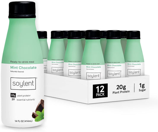 Soylent Mint Chocolate Meal Replacement Shake, Ready-to-Drink Plant Based Protein Drink, Contains 20g Complete Vegan Protein and 1g Sugar, 14oz, 12 Pack
