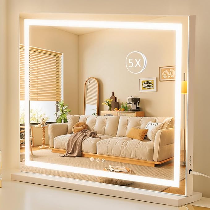 HIEEY Lighted Makeup Mirror, Hollywood Vanity Mirror with Lights, Three Color Lighting Modes, with 5X Magnification Mirror, Smart Touch Control, 360Â°Rotation (22.8in,White)