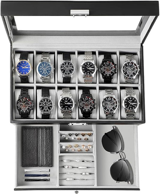 GUKA Watch Box 12 Slot Watch Display Organizer Leather Jewelry Case Drawer Glass Birthday for Men Women, Child Husband Dad