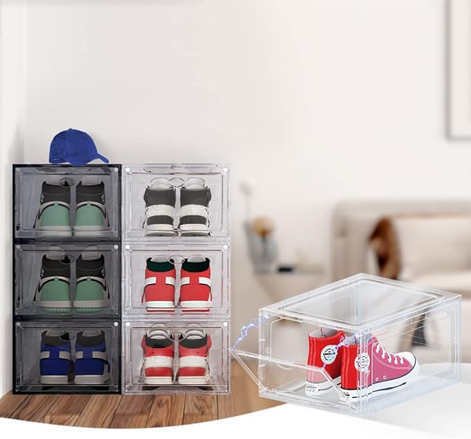 US 15 Clear Entryway Shoe Storage Boxes Stackable XXL, 8 Pack Clear Shoe Boxes Stackable for Closet, Drop Front Large Plastic Shoe Containers Collecting Sneakers.