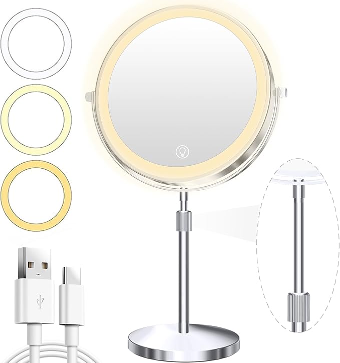 Unimiro 9inch Makeup Mirror with Lights, 1x/20x 5000mAh Makeup Mirrors with Light and Magnification, 360Â° Rotate Makeup Mirror with Lights and Magnification, 3 Color, 80 LEDs, Stepless Dimmable