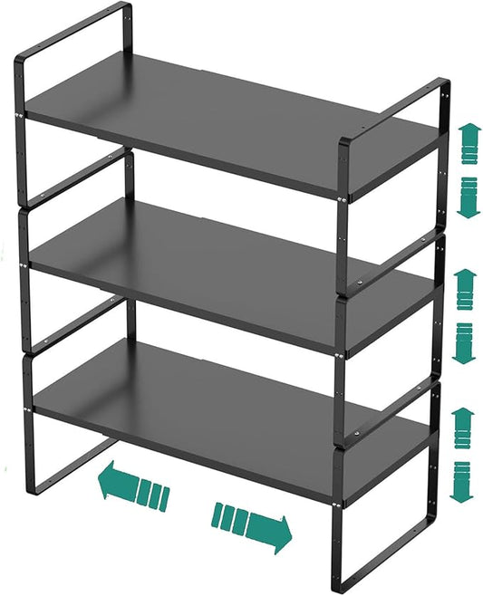 Expandable Cabinet Shelf Organizer Rack, Stackable Kitchen Counter Storage Shelves Stand, Adjustable Height Pantry Shelf Spice Rack, Heavy Duty Nonslip Black Small 3Pack